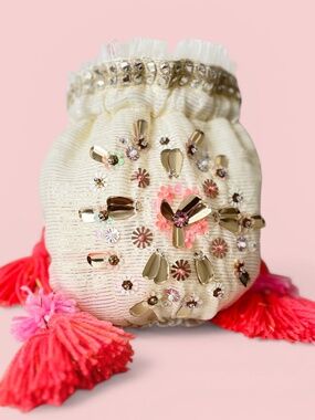 Free People Beaded Pouch Purse with Tassel Drawstring Closure NWT